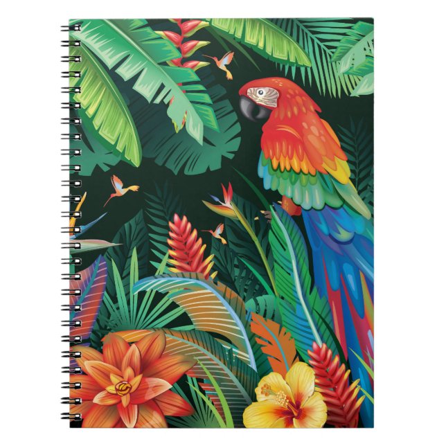Tropical Parrot: Exotic Floral Background. Notebook (Front)