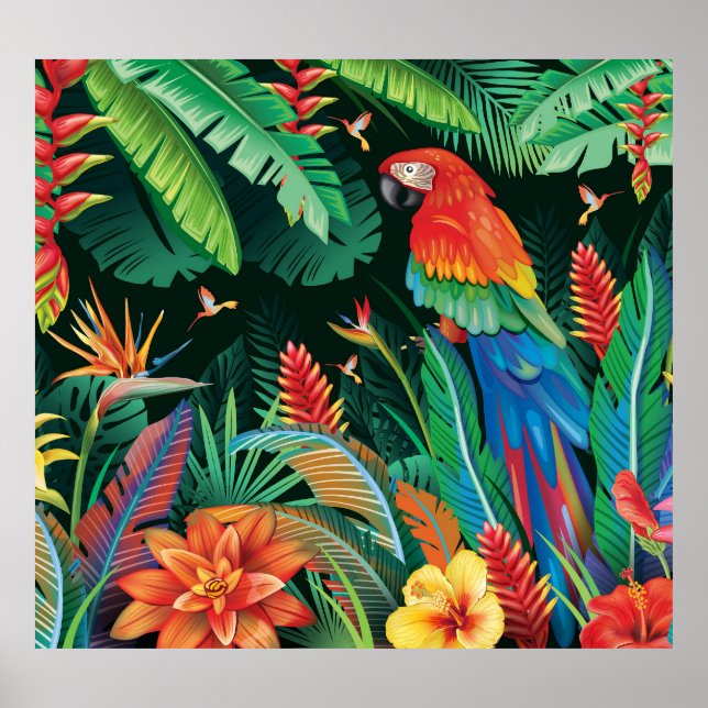 Tropical Parrot: Exotic Floral Background. Poster (Front)