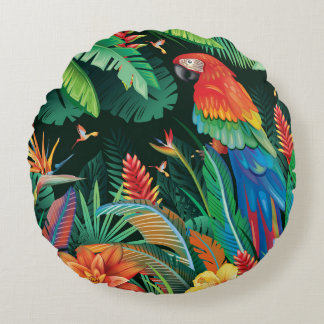 Tropical Parrot: Exotic Floral Background. Round Cushion