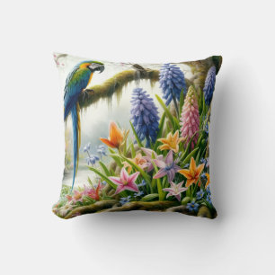tropical parrot & floral design cushion