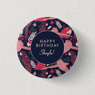 Tropical Parrot Happy Birthday Sheyla Custom  3 Cm Round Badge