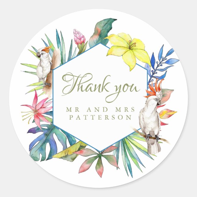 Tropical Parrot Island Wedding Thank You Classic Round Sticker (Front)