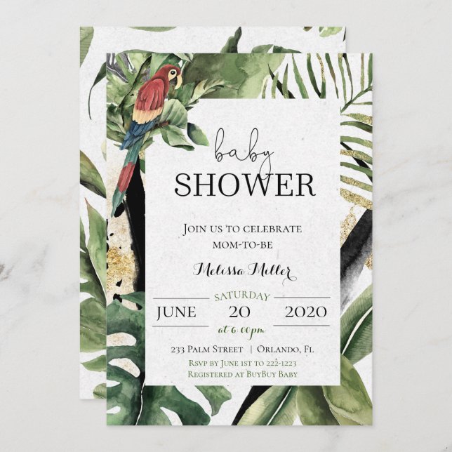Tropical Parrot Jungle Baby Shower Invitation (Front/Back)