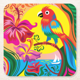 Tropical Parrot Paradise Square Paper Coaster