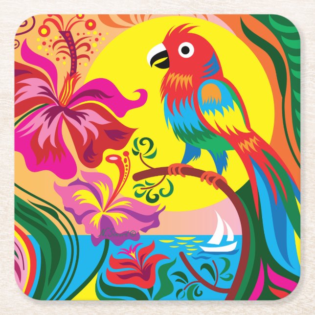 Tropical Parrot Paradise Square Paper Coaster (Front)