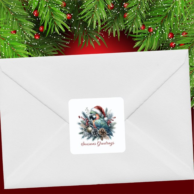 Tropical Parrot Seasons Greetings Christmas  Square Sticker (Creator Uploaded)