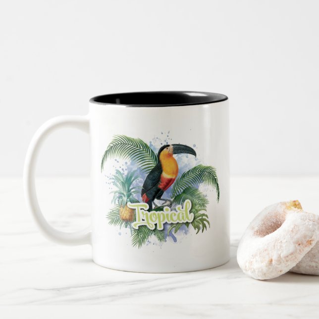 Tropical Parrot Theme Two-Tone Coffee Mug (With Donut)
