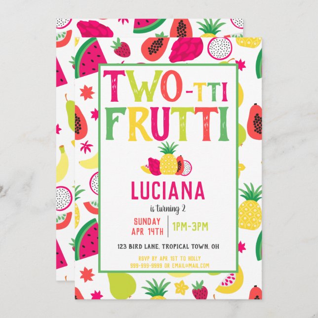 Tropical Parrot Tutti Frutti Fruit Birthday Party Invitation (Front/Back)