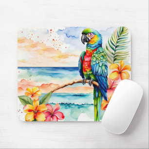 Tropical Parrot With Flowers Mouse Pad