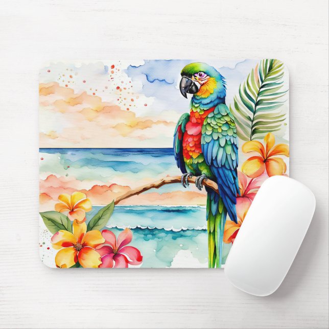 Tropical Parrot With Flowers Mouse Pad (With Mouse)