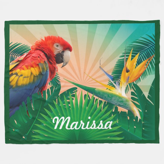 Tropical Parrot WIth Personalised Name or Quote Fleece Blanket (Front (Horizontal))