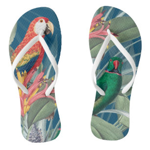 Tropical Parrots and Floral Dark Blue Thongs