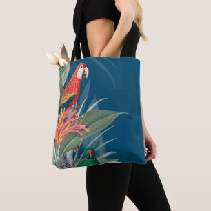 Tropical Parrots and Floral Dark Blue Tote Bag