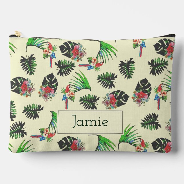 Tropical Parrots and Floral Pattern Personalised Accessory Pouch (Front)