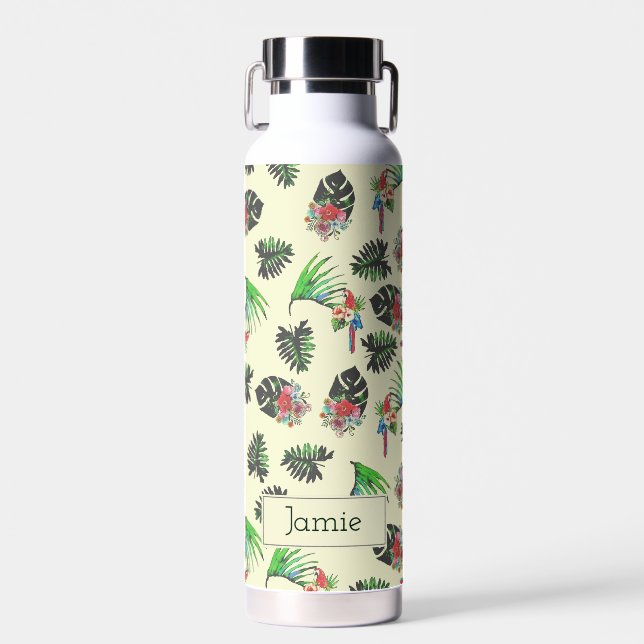 Tropical Parrots and Floral Pattern Personalised Water Bottle (Front)