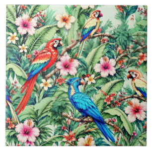 Tropical Parrots and Hibiscus in the Jungle Ceramic Tile