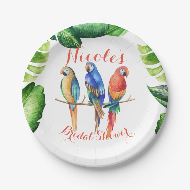 Tropical Parrots Birds & Leaves Birthday Party Paper Plate (Front)