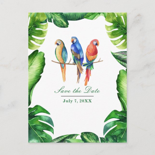 Tropical Parrots Birds & Leaves Save the Date Announcement Postcard (Front)