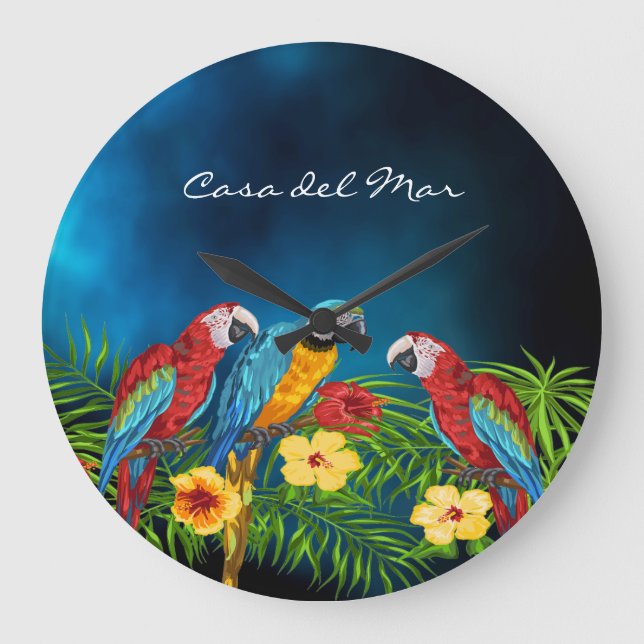 Tropical parrots blue palm tree summer house name large clock (Front)