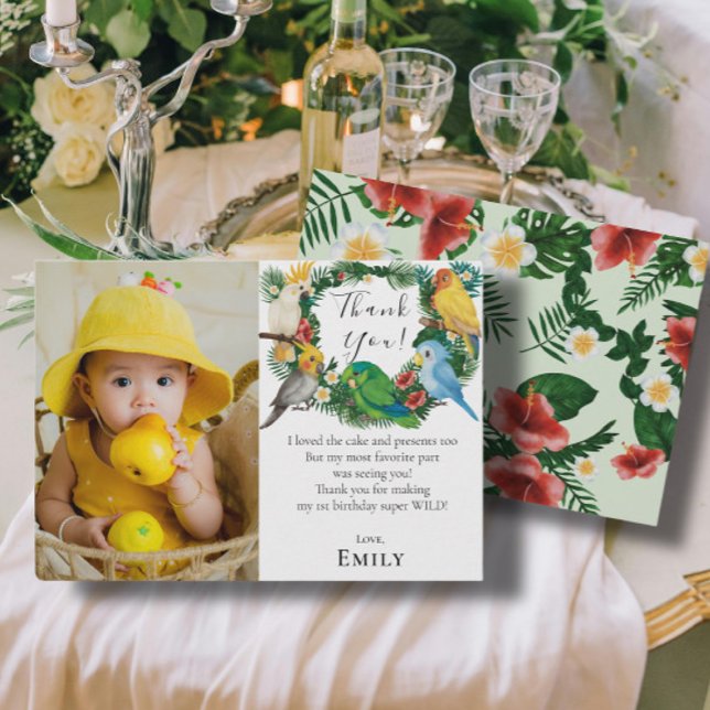 Tropical Parrots Exotic Greenery Birthday Photo Thank You Card (Creator Uploaded)