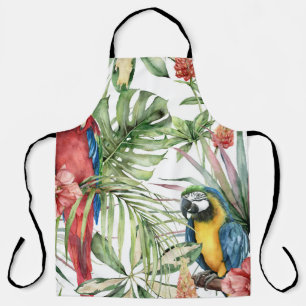 Tropical parrots, hibiscus: watercolor pattern. apron