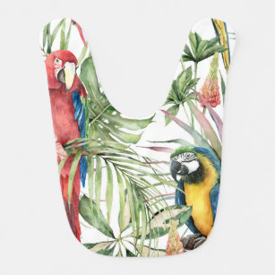 Tropical parrots, hibiscus: watercolor pattern. bib