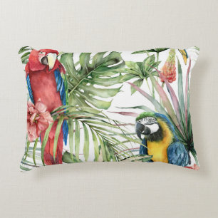 Tropical parrots, hibiscus: watercolor pattern. decorative cushion