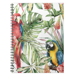 Tropical parrots, hibiscus: watercolor pattern. notebook