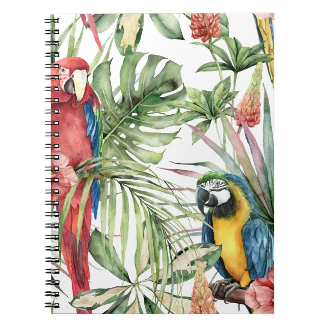 Tropical parrots, hibiscus: watercolor pattern. notebook (Front)