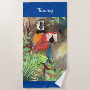 Tropical Parrots in blue personalised Beach towel