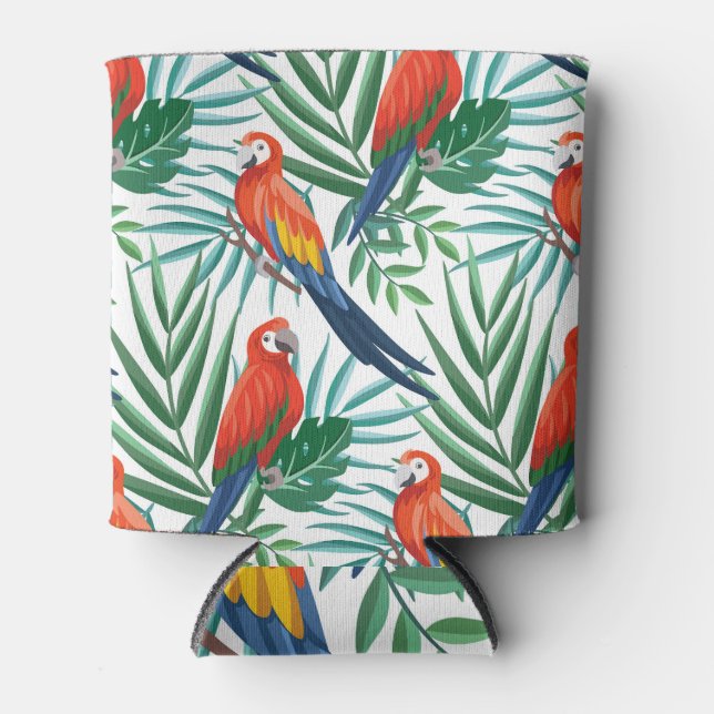 Tropical Parrots: Lush Palm Seamless Can Cooler (Front)