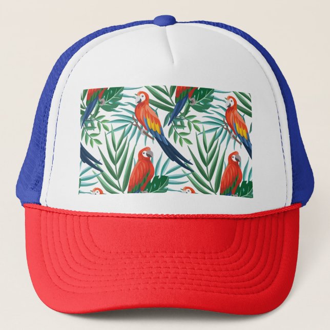 Tropical Parrots: Lush Palm Seamless Trucker Hat (Front)