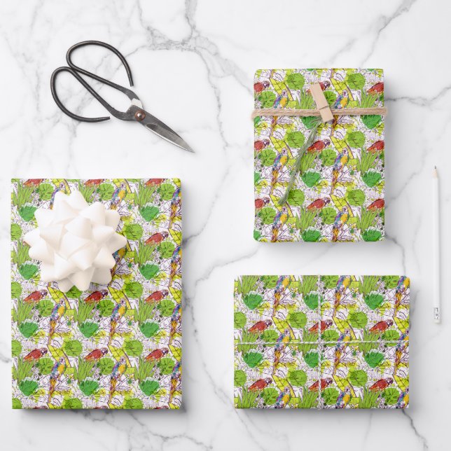 Tropical Parrots Wrapping Paper Sheet (Front)