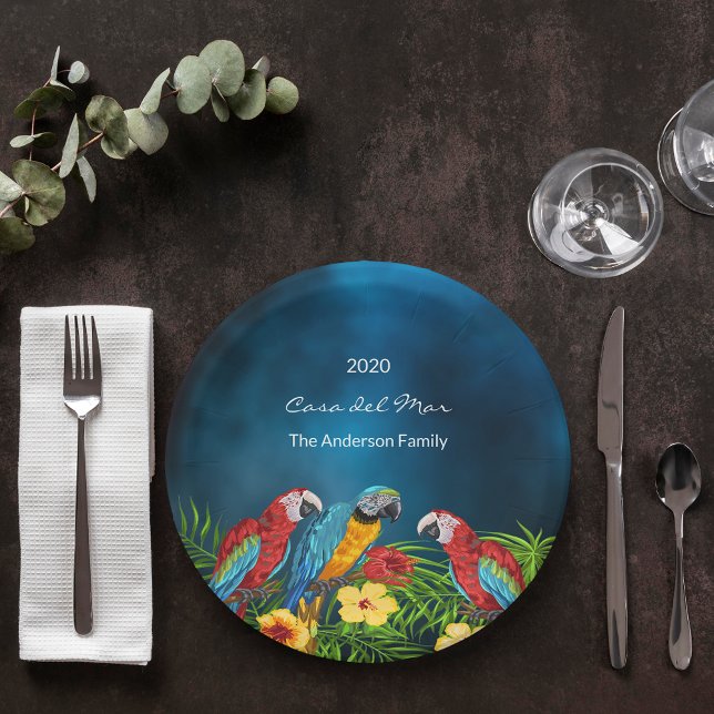 Tropical party blue parrots house family name paper plate (Creator Uploaded)