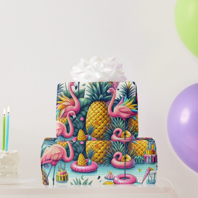 Tropical Party Flamingos, Pineapple and Balloons  Wrapping Paper (Party Gifts)