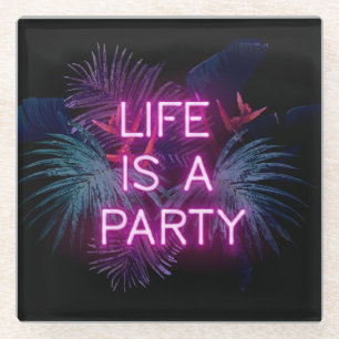 Tropical party, neon palm leaves. glass coaster