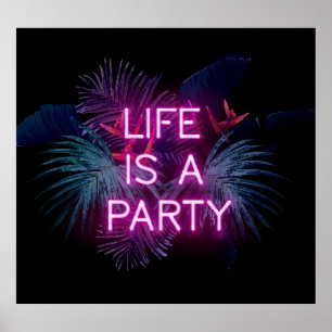 Tropical party, neon palm leaves. poster