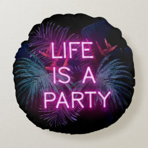 Tropical party, neon palm leaves. round cushion