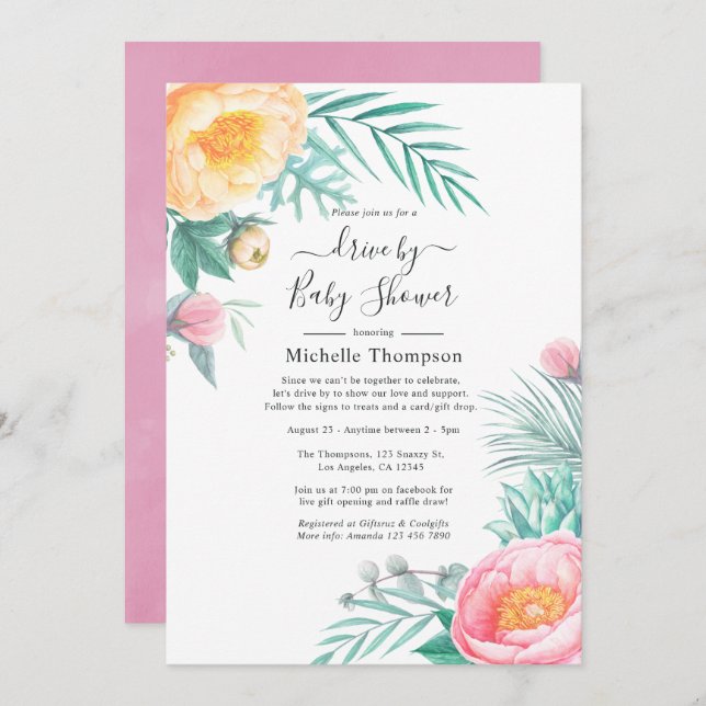 Tropical Pastel Floral Drive By Shower Invitation (Front/Back)
