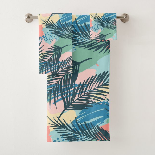 Tropical Pastel Leaf Pattern Bath Towel Set (Insitu)