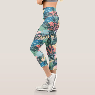 Tropical Pastel Leaf Pattern Capri Leggings