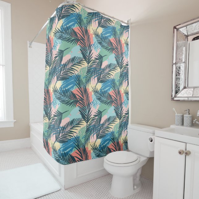 Tropical Pastel Leaf Pattern Shower Curtain (In Situ)