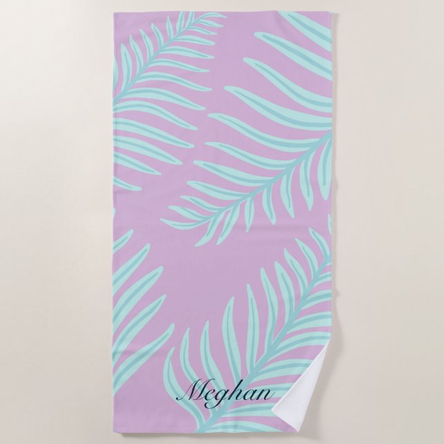Tropical Pastel Leaves Monogram Beach Towel (Front)