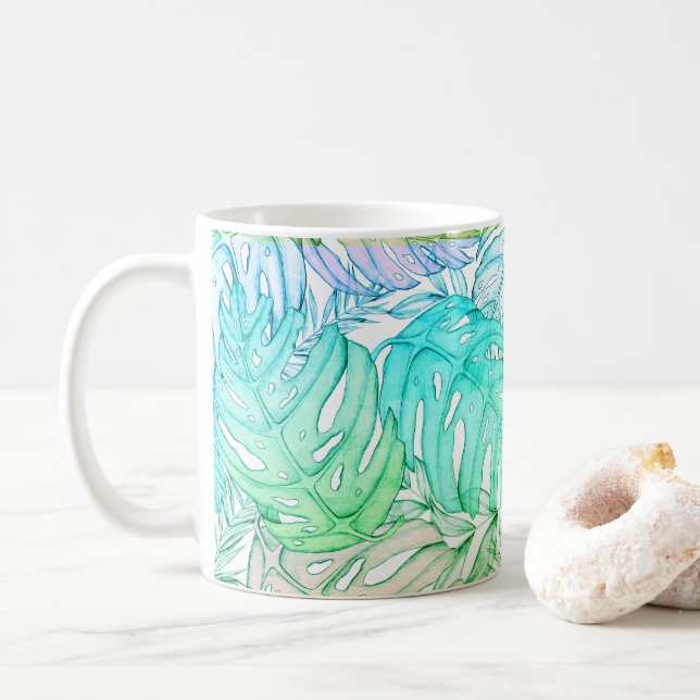Tropical pastel monstera leaf watercolor pattern  coffee mug (With Donut)