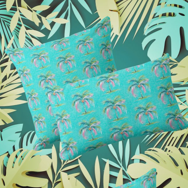 Tropical Pastel Palm Tree Indoor Outdoor Lumbar Cushion (Tropical pastel palm trees)
