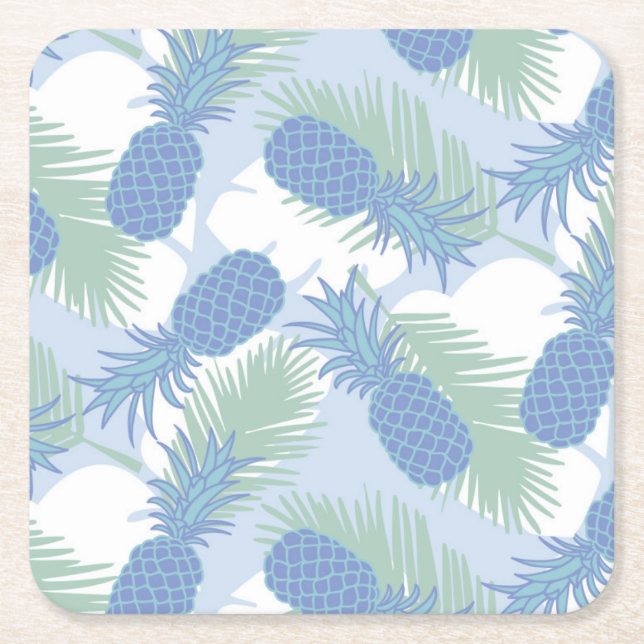 Tropical Pastel Pineapple Pattern Square Paper Coaster (Front)