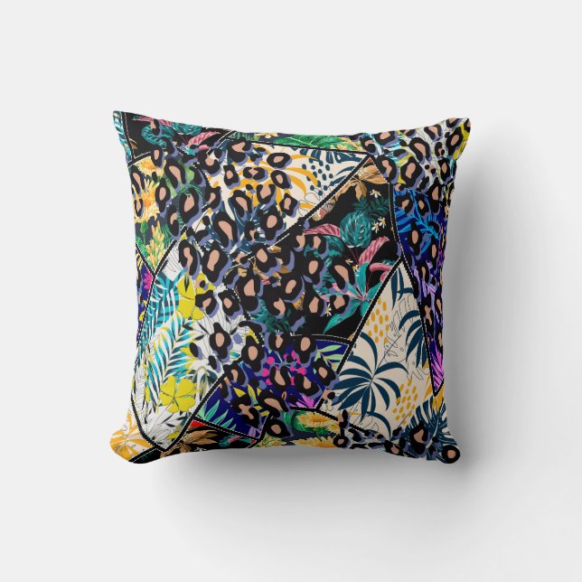 Tropical patchwork leaf and leaves pattern backgro cushion (Front)
