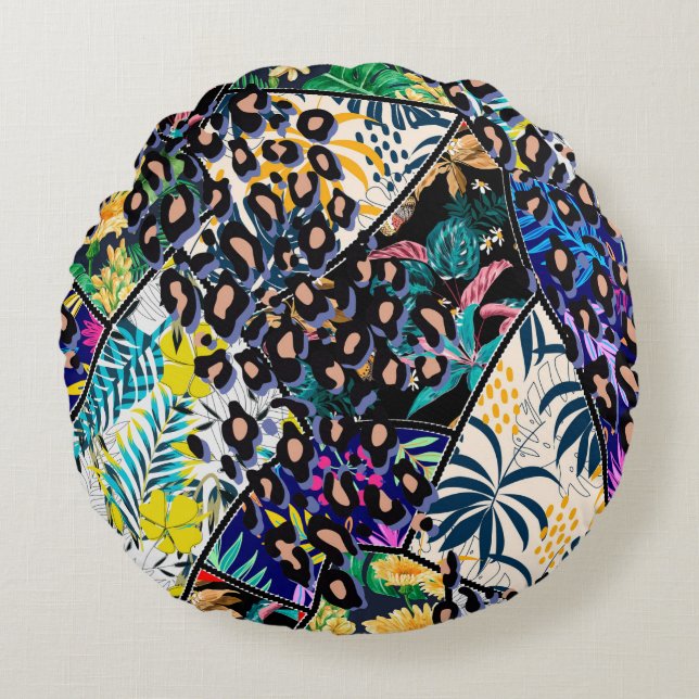 Tropical patchwork leaf and leaves pattern backgro round cushion (Front)