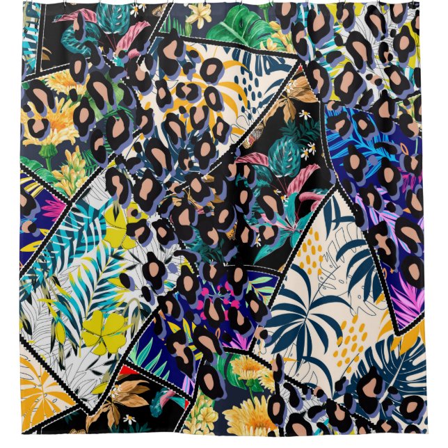 Tropical patchwork leaf and leaves pattern backgro shower curtain (Front)