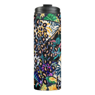 Tropical patchwork leaf and leaves pattern backgro thermal tumbler